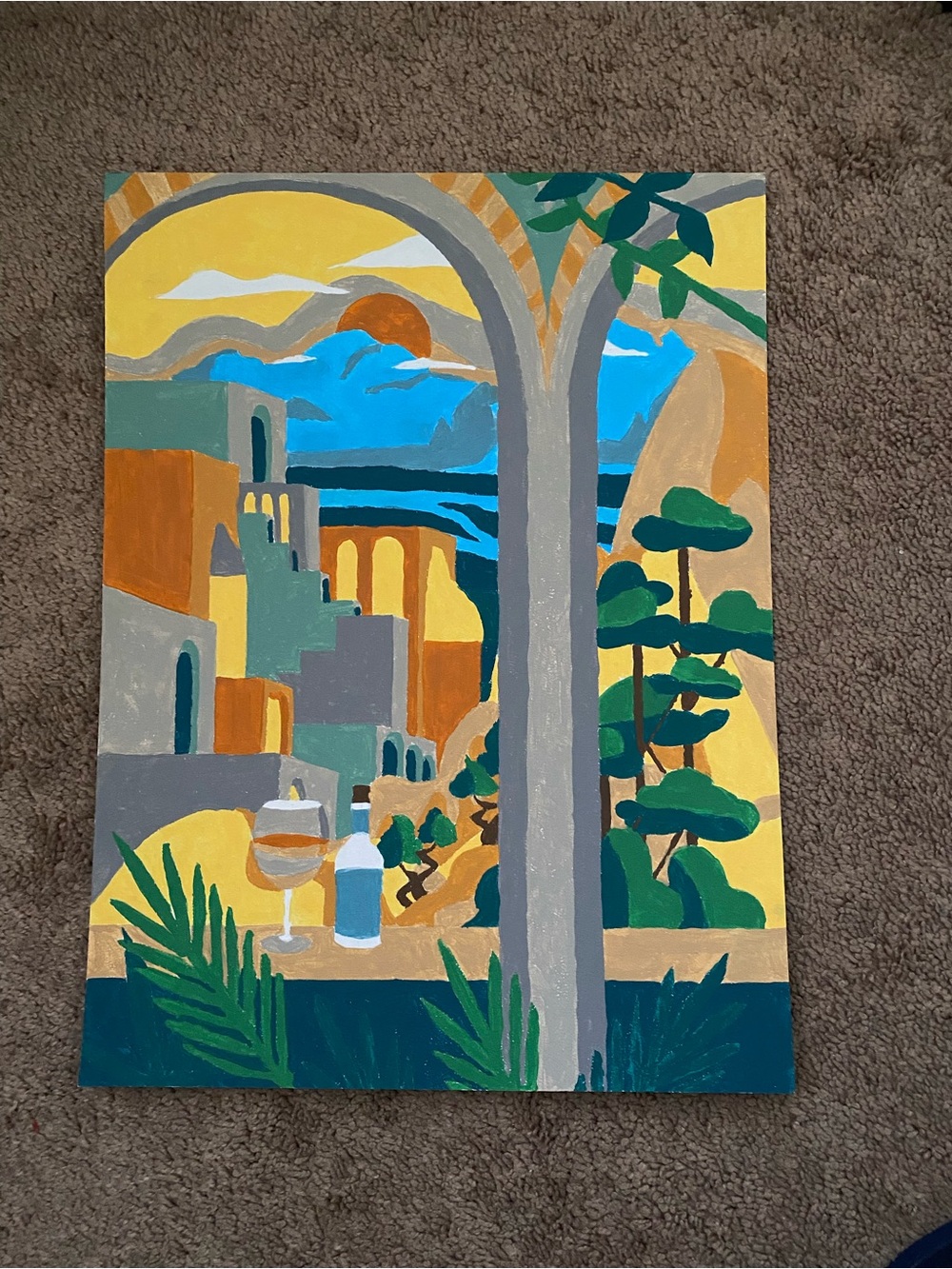 Mediterranean Archway Scene Acrylic Painting - Yellow, Blue, Green